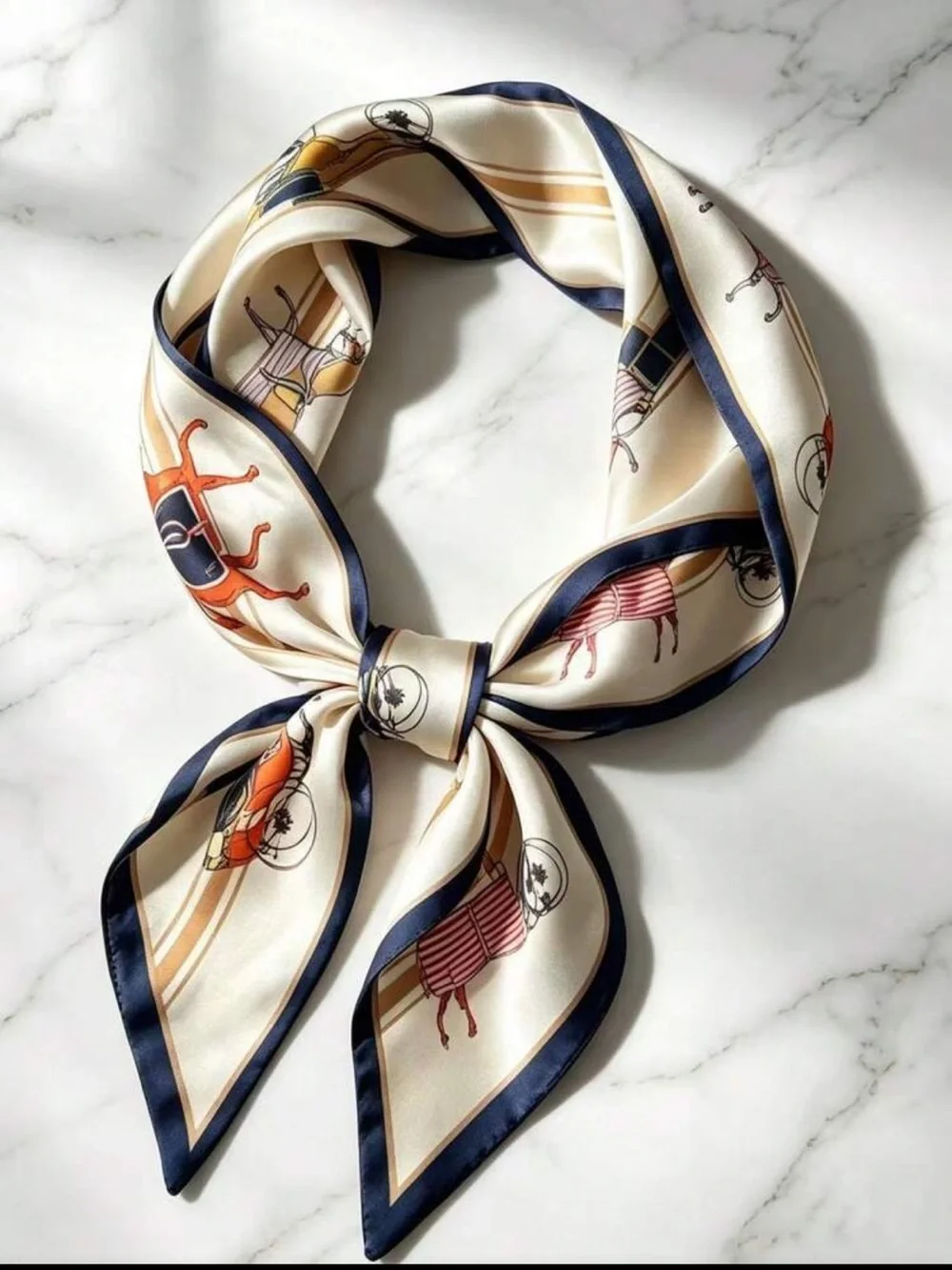 Elegant Multicolor Silk-Feel Neck Scarf with Navy Trim nwt get free scarf Ring!